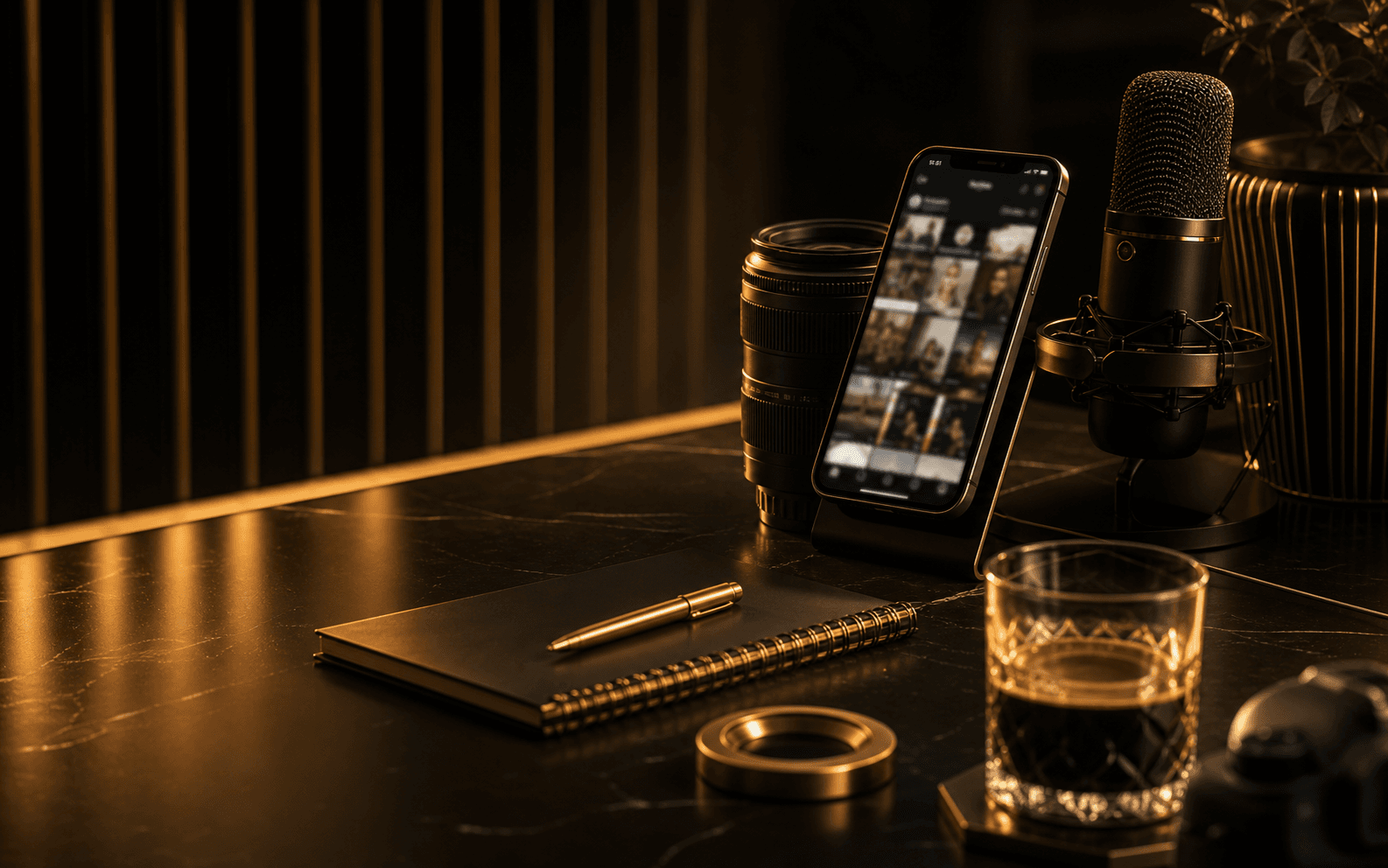Creator studio setup with camera, microphone, and phone